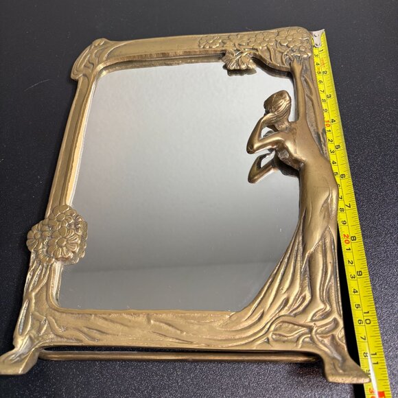 Art Deco Art Nouveau Period Tabletop, Solid Brass Mirror with Woman Figure - Picture 2 of 13